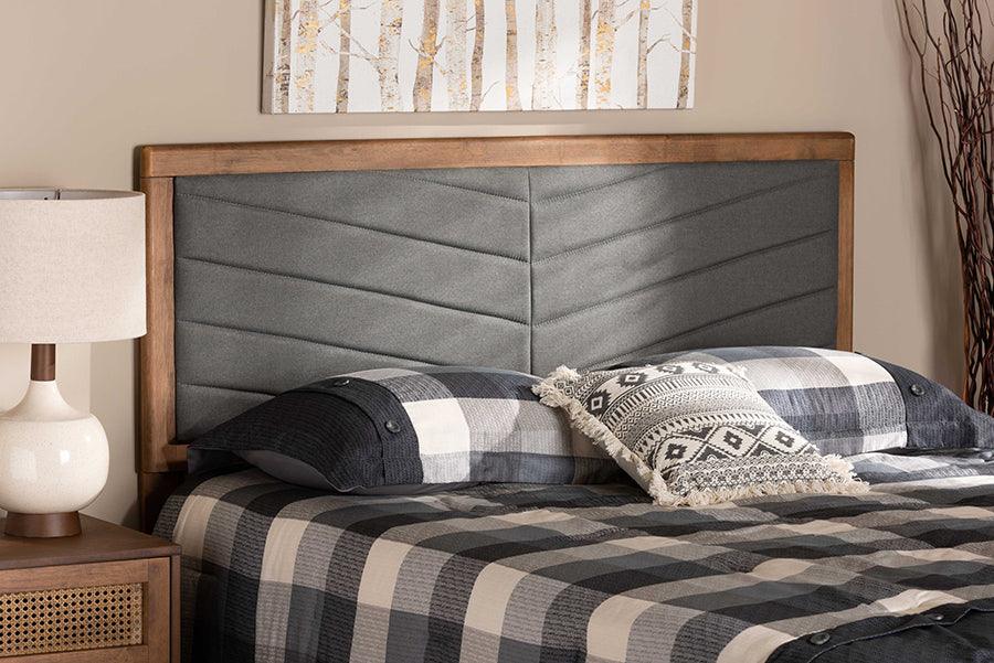 Wholesale Interiors Headboards - Iden Dark Grey Fabric Upholstered and Walnut Brown Finished Wood Queen Size Headboard