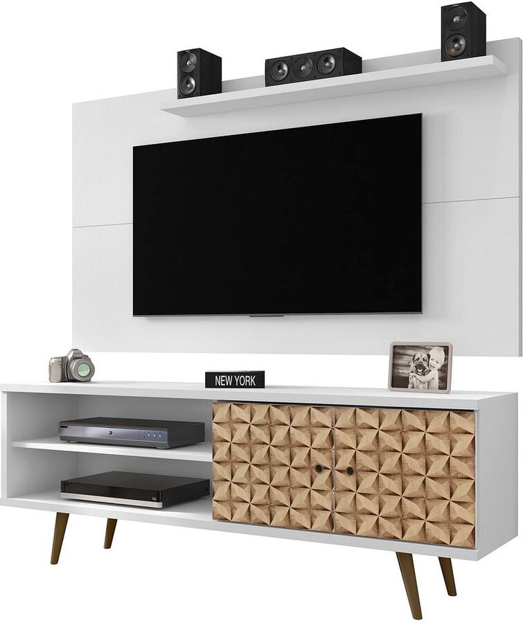 Manhattan Comfort TV & Media Units - Liberty 62.99 Mid-Century Modern TV Stand & Panel with Solid Wood Legs in White & 3D Brown Prints