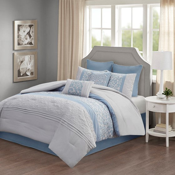 Olliix.com Comforters & Blankets - Embroidered 8 Piece Comforter Set Blue King