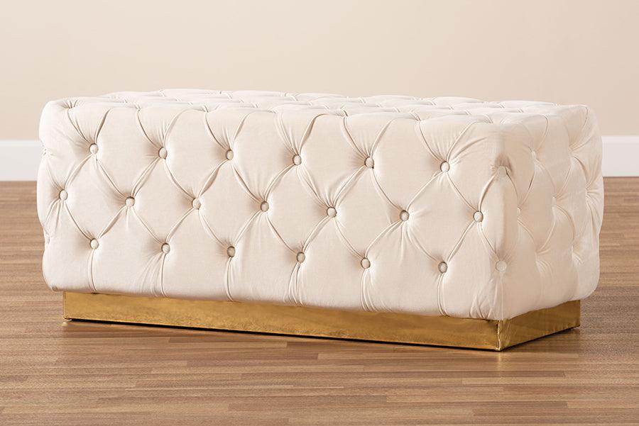 Wholesale Interiors Ottomans & Stools - Corrine Glam and Luxe Beige Velvet Fabric Upholstered and Gold PU Leather Ottoman