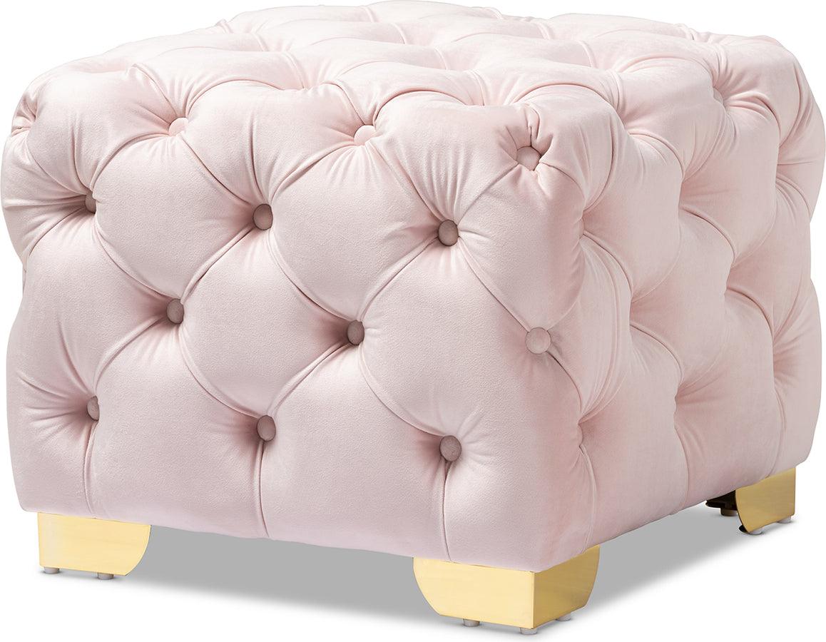 Wholesale Interiors Ottomans & Stools - Avara Glam Light Pink Velvet Fabric Upholstered Gold Finished Button Tufted Ottoman