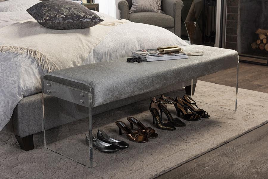 Wholesale Interiors Benches - Hildon Grey Microsuede Lux Bench with Paneled Acrylic Legs