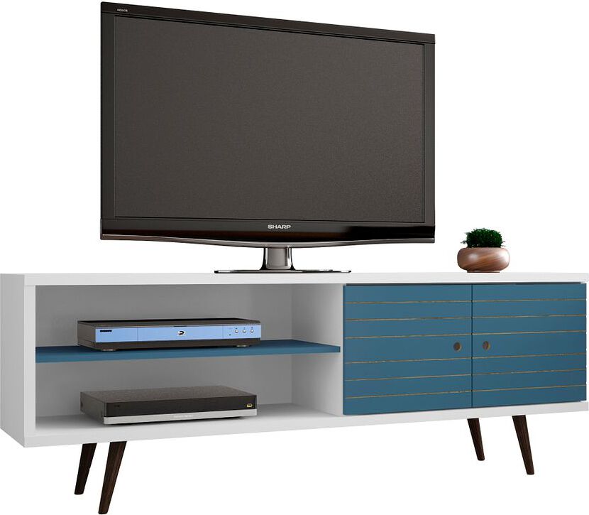 Manhattan Comfort TV & Media Units - Liberty 62.99" Mid-Century - Modern TV St& White & Aqua Blue