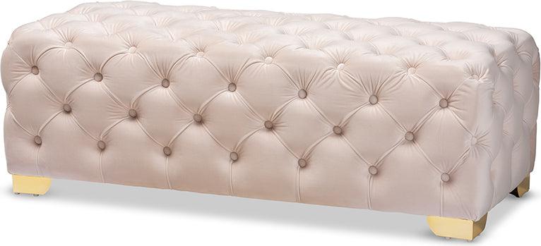 Wholesale Interiors Ottomans & Stools - Avara Light Beige Velvet Gold Finished Button Tufted Bench Ottoman