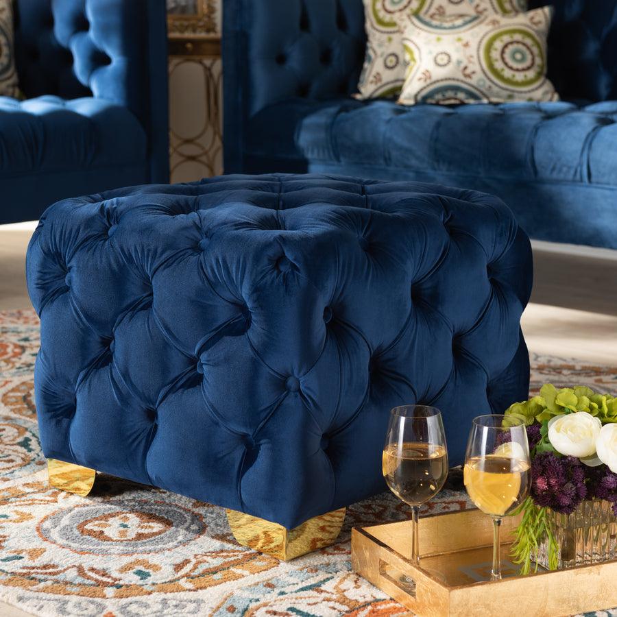 Wholesale Interiors Ottomans & Stools - Avara Royal Blue Velvet Fabric Upholstered Gold Finished Button Tufted Ottoman