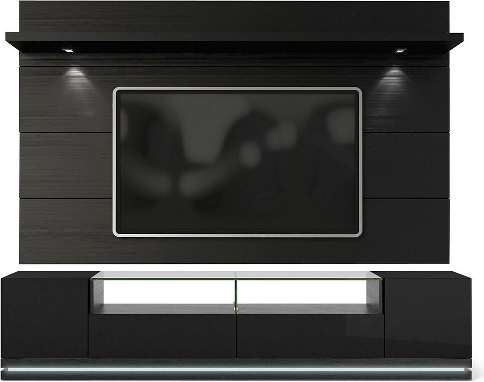 Manhattan Comfort TV & Media Units - Vanderbilt TV Stand and Cabrini 2.2 Floating Wall TV Panel in Black Gloss and Black Matte