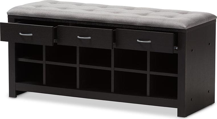 Contemporary Espresso Finished Grey Fabric Upholstered Cushioned Entryway Bench