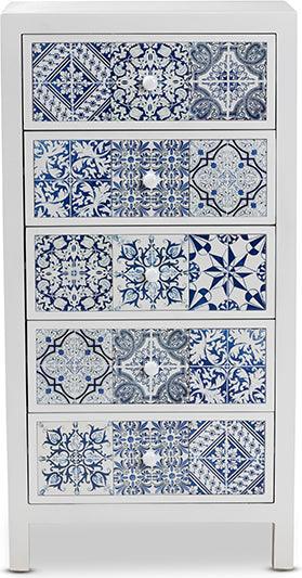 Wholesale Interiors Buffets & Cabinets - Alma Spanish Inspired White Wood and Blue Floral Tile Style 5-Drawer Accent Storage Cabinet