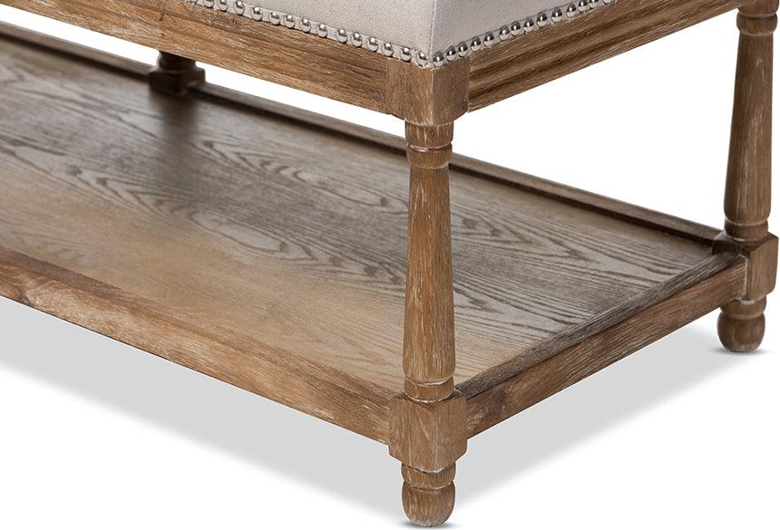 Wholesale Interiors Benches - Celeste French Country Weathered Oak Beige Linen Upholstered Ottoman Bench