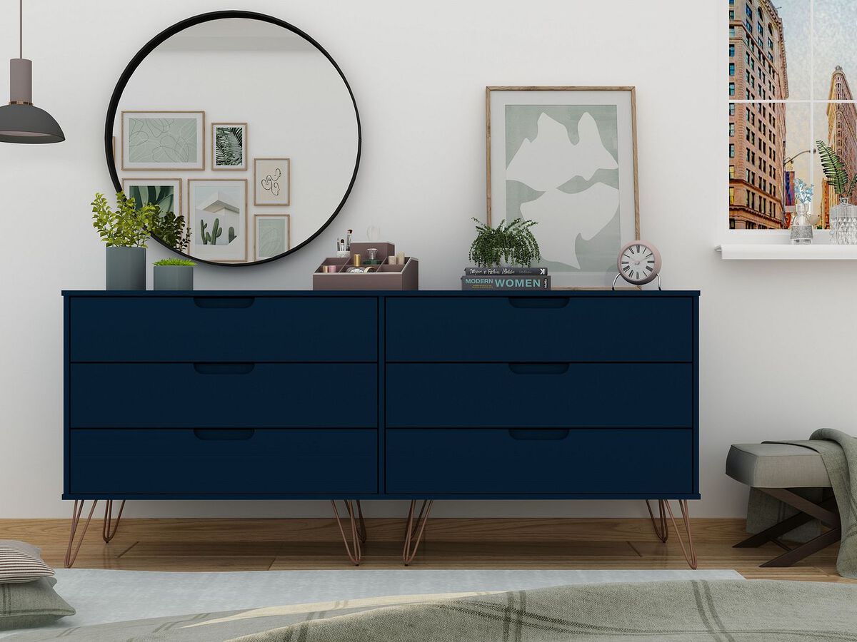 Manhattan Comfort Dressers - Rockefeller 6-Drawer Double Low Dresser with Metal Legs in Tatiana Midnight Blue