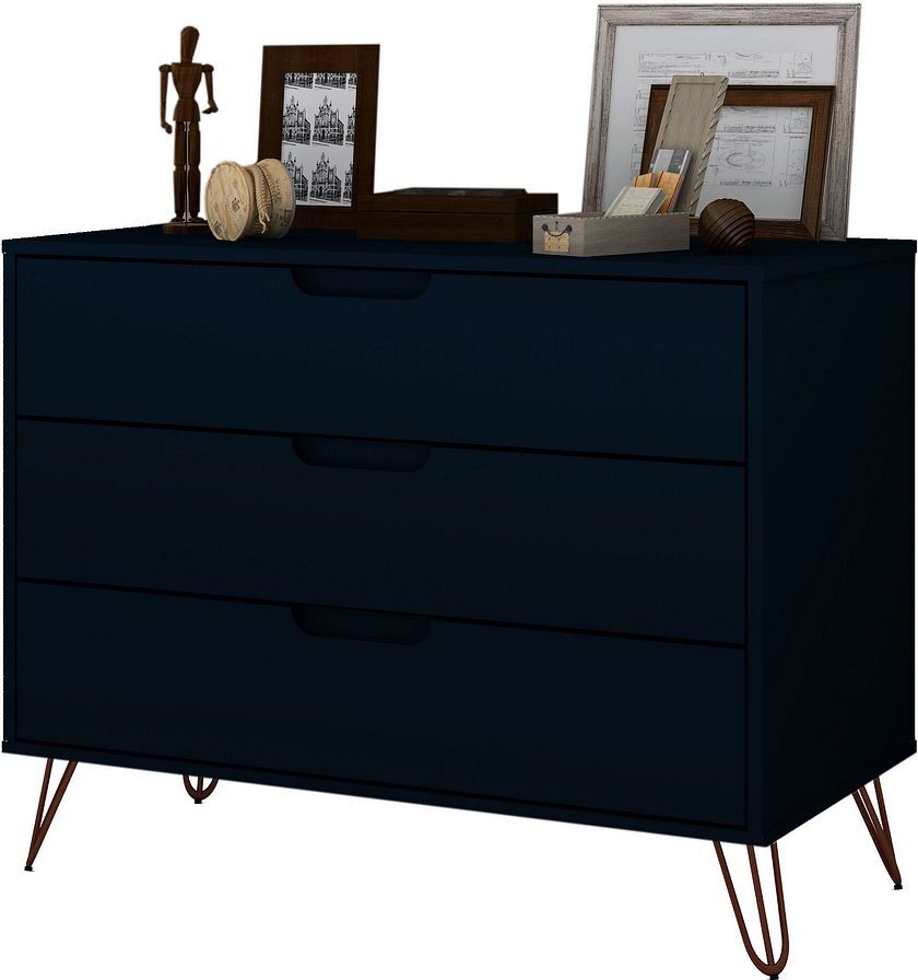 Manhattan Comfort Dressers - Rockefeller Mid-Century- Modern Dresser with 3- Drawers in Tatiana Midnight Blue