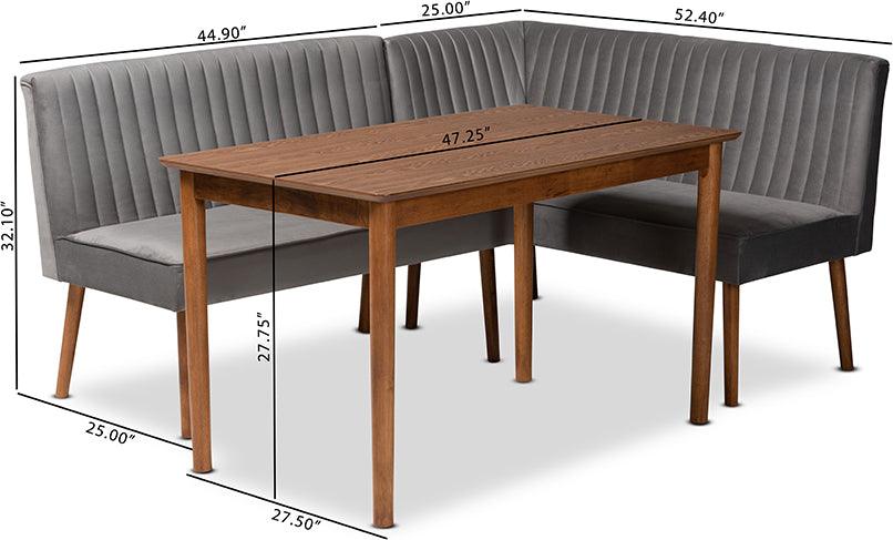 Wholesale Interiors Dining Sets - Alvis Mid-Century Grey Velvet Upholstered and Walnut Brown Finished Wood 3-Piece Dining Nook Set