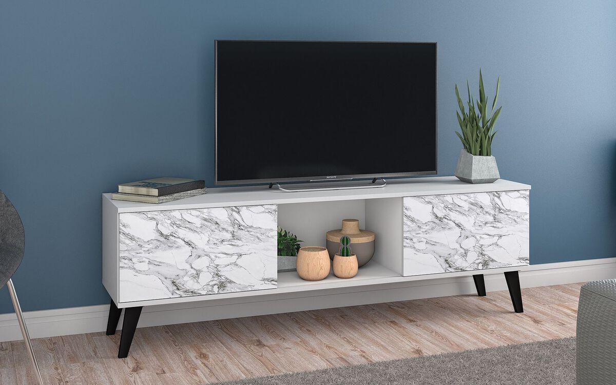 Manhattan Comfort TV & Media Units - Doyers 62.20 Mid-Century Modern TV Stand in White & Marble Stamp