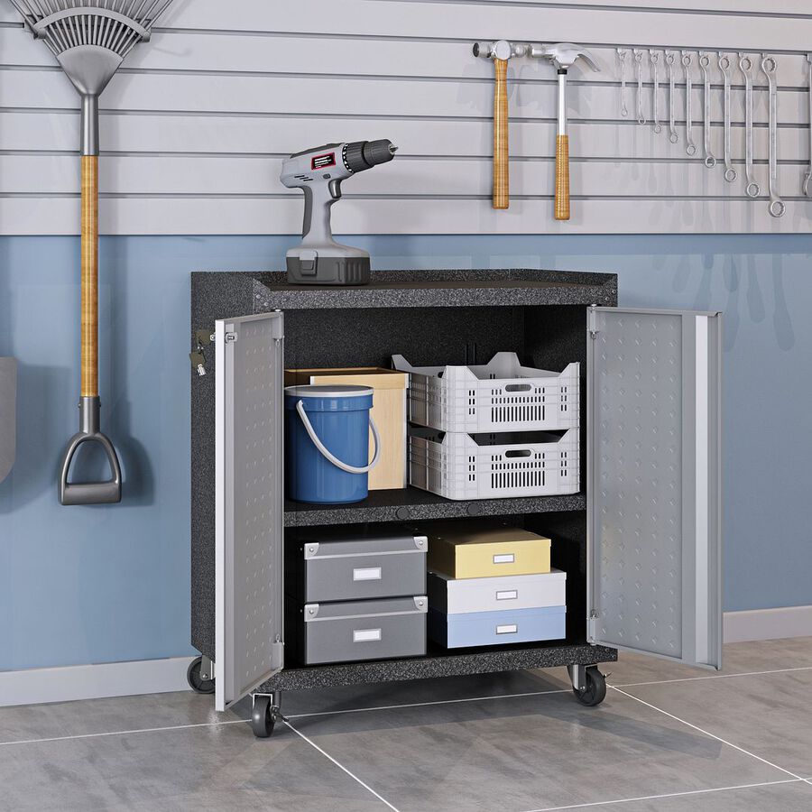 Manhattan Comfort Buffets & Cabinets - Fortress Textured Metal 31.5" Garage Mobile Cabinet with 2 Adjustable Shelves in Gray