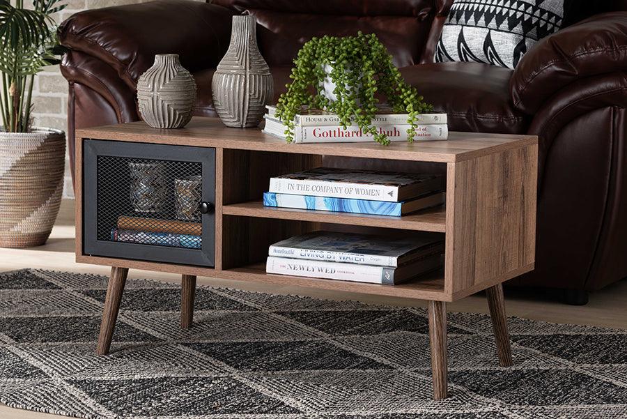 Yuna Mid Century Modern Transitional Brown Wood and Black Metal 1 Door Coffee Table