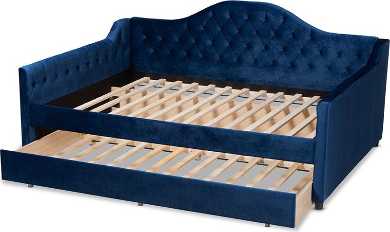 Wholesale Interiors Daybeds - Perry Royal Blue Velvet Fabric Upholstered And Button Tufted Full Size Daybed With Trundle