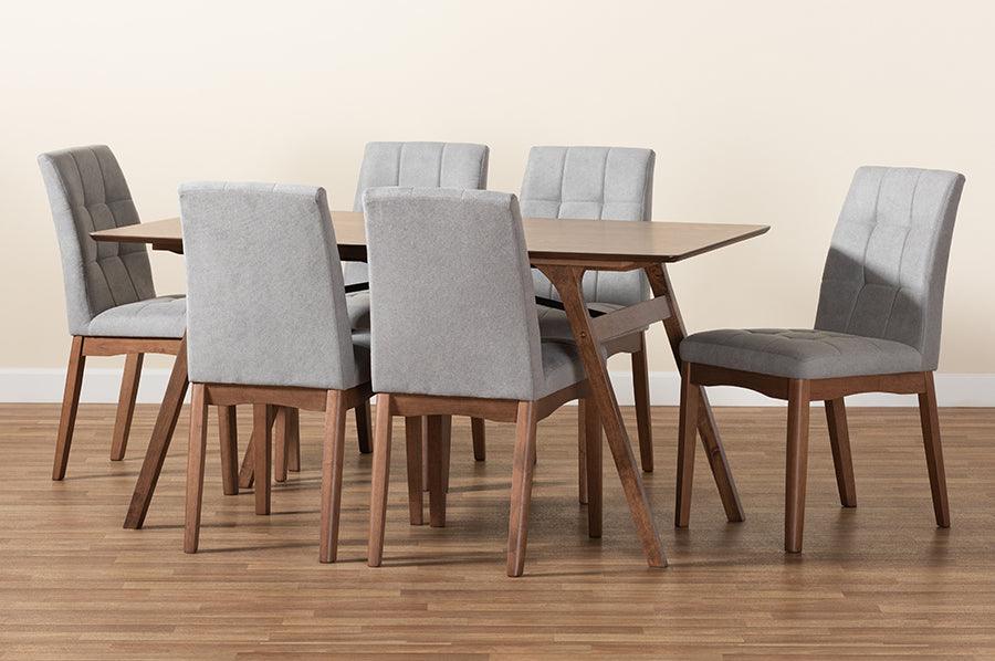 Wholesale Interiors Dining Sets - Tara Mid-Century Modern Light Grey Fabric and Walnut Brown Wood 7-Piece Dining Set