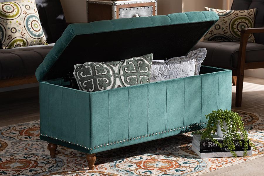 Wholesale Interiors Ottomans & Stools - Kaylee Modern and Contemporary Teal Blue Velvet Button-Tufted Storage Ottoman Bench