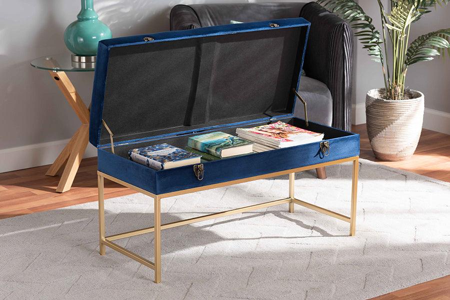 Wholesale Interiors Ottomans & Stools - Aliana Navy Blue Velvet Fabric Upholstered and Gold Finished Metal Large Storage Ottoman