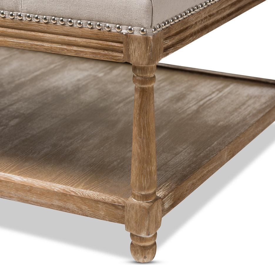 Wholesale Interiors Ottomans & Stools - Carlotta French Country Weathered Oak Beige Linen Rectangular Coffee Table Ottoman