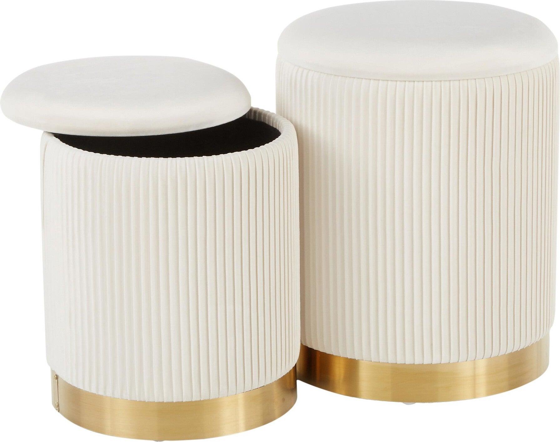 Lumisource Ottomans & Stools - Marla Contemporary Nesting Pleated Ottoman Set Gold Metal & Cream Velvet