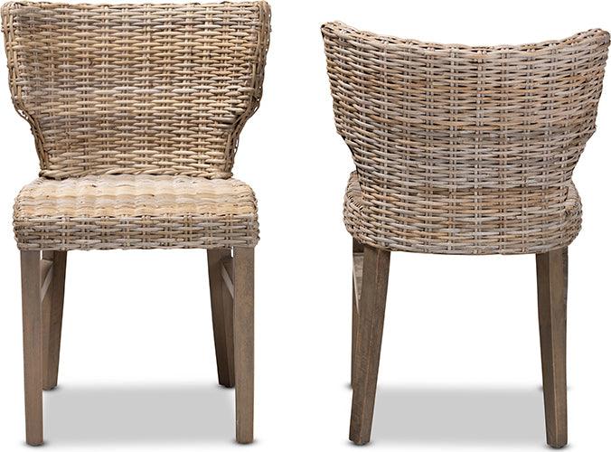 Wholesale Interiors Dining Chairs - Enver Modern Bohemian Grey Rattan and Brown Wood 2-Piece Dining Chair Set