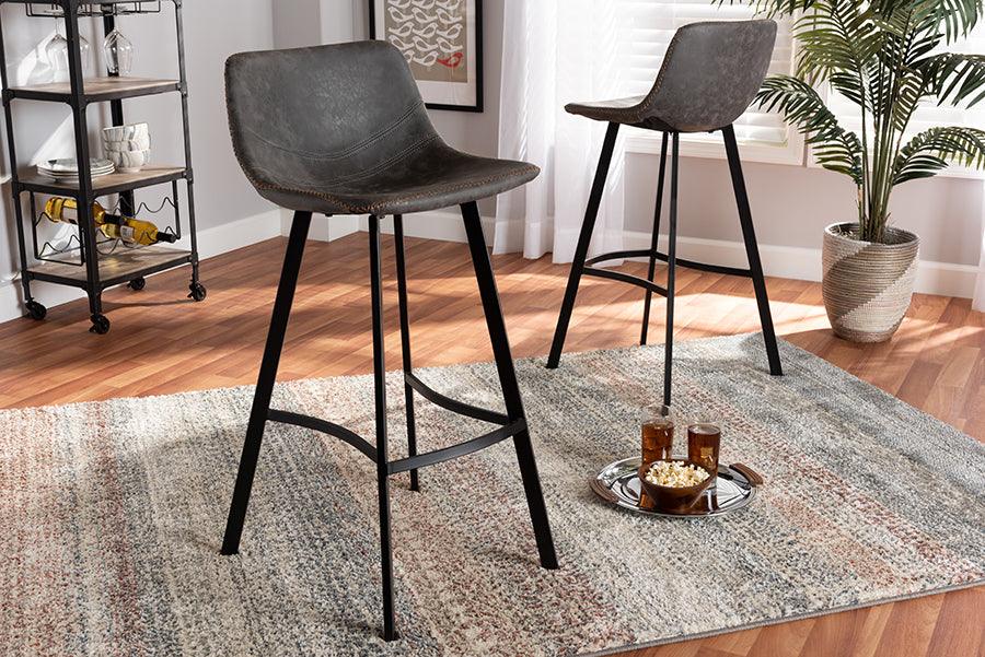 Wholesale Interiors Barstools - Tani Rustic Industrial Gray and Brown Faux Leather Upholstered Black Finished 2-Piece