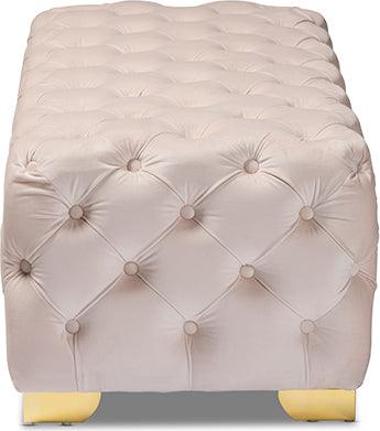 Wholesale Interiors Ottomans & Stools - Avara Light Beige Velvet Gold Finished Button Tufted Bench Ottoman