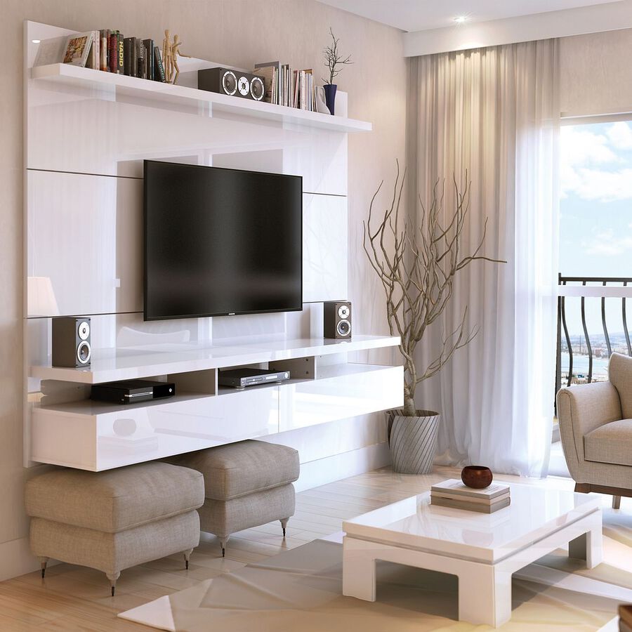 Manhattan Comfort TV & Media Units - City 2.2 Floating Wall Theater Entertainment Center in White Gloss