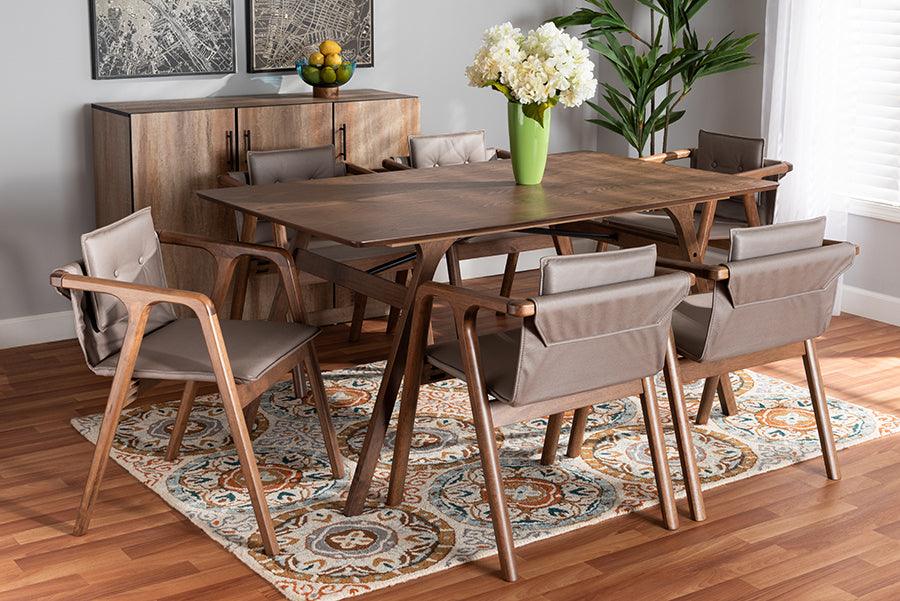 Wholesale Interiors Dining Sets - Marcena Mid-Century Modern Grey Leather and Brown Finished Wood 7-Piece Dining Set