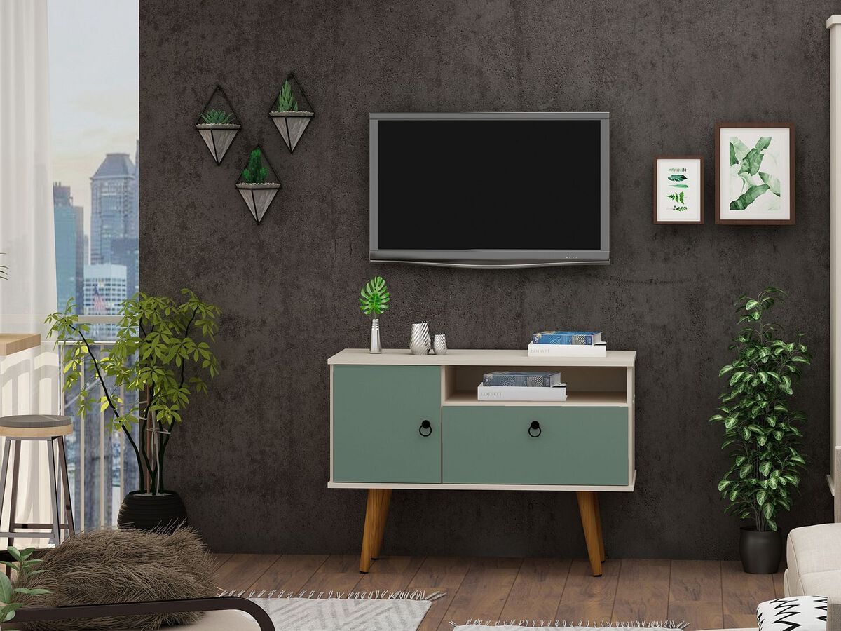 Manhattan Comfort TV & Media Units - Tribeca 35.43 TV Stand with Solid Wood Legs in Off White & Green Mint