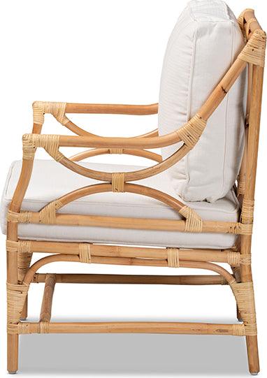 Wholesale Interiors Accent Chairs - Brandon Modern Bohemian White Fabric Upholstered and Natural Brown Rattan Armchair