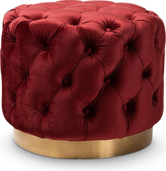 Wholesale Interiors Ottomans & Stools - Valeria Glam Burgundy Red Velvet Gold-Finished Button Tufted Ottoman