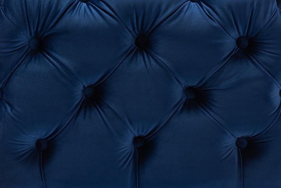 Wholesale Interiors Ottomans & Stools - Avara Royal Blue Velvet Fabric Upholstered Gold Finished Button Tufted Ottoman