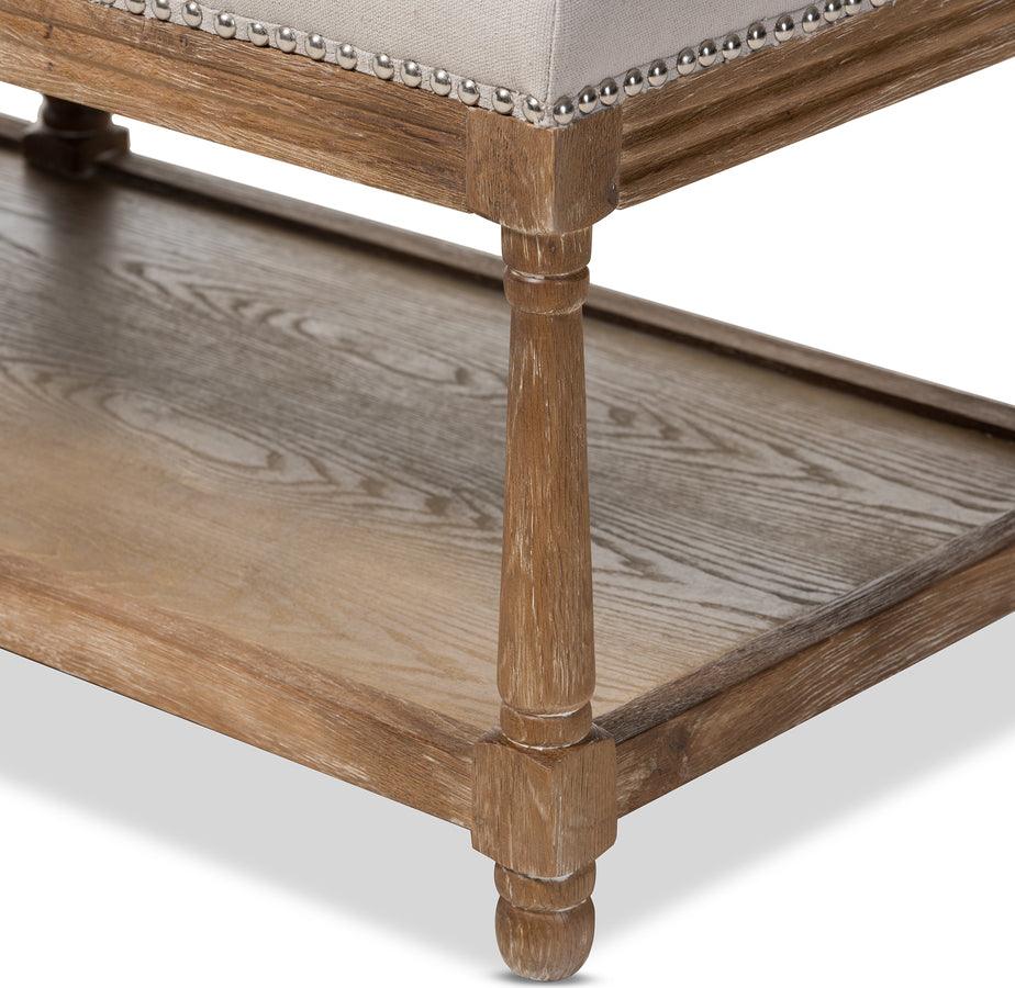 Wholesale Interiors Benches - Celeste French Country Weathered Oak Beige Linen Upholstered Ottoman Bench