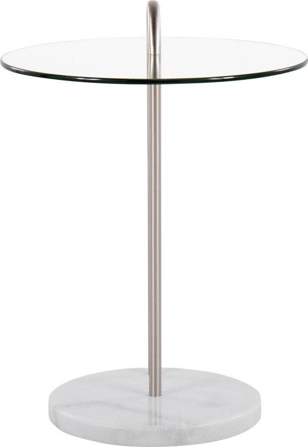 Lumisource Side & End Tables - Claire Contemporary/Glam Side Table In White Marble & Brushed Nickel With Clear Glass Top