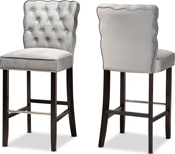 Wholesale Interiors Barstools - Daphne Dark Grey Velvet Fabric Upholstered and Dark Brown Finished Wood 2-Piece Bar Stool Set