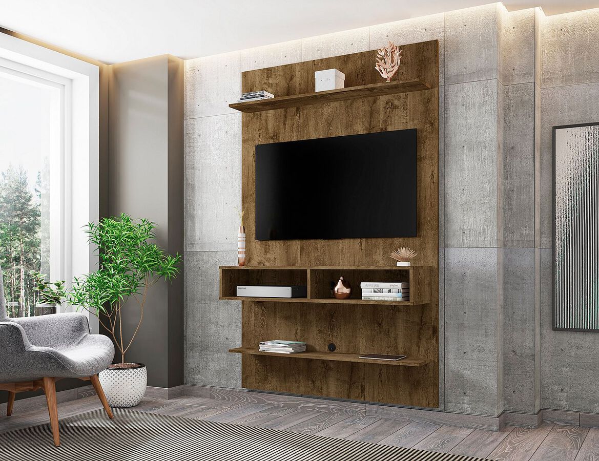 Manhattan Comfort TV & Media Units - Libra Long Floating 45.35 Wall Entertainment Center with Overhead Shelf in Rustic Brown