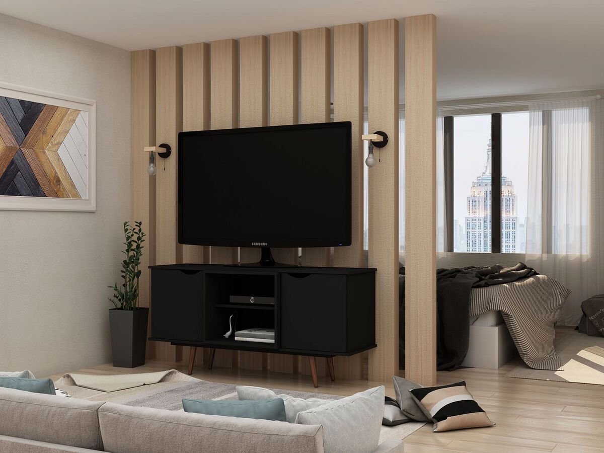 Manhattan Comfort TV & Media Units - Hampton 53.54 TV Stand with 4 Shelves & Solid Wood Legs in Black