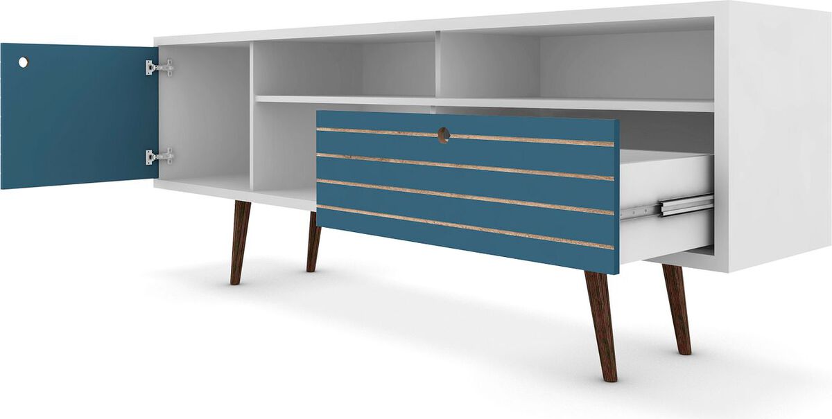 Manhattan Comfort TV & Media Units - Liberty 70.86" Mid-Century - Modern TV Stand with 4 Shelving Spaces & 1 Drawer in White & Aqua Blue