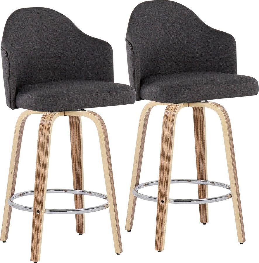 Lumisource Barstools - Ahoy Fixed-Height Counter Stool With Zebra Wood Legs & Round Chrome With Charcoal (Set of 2)