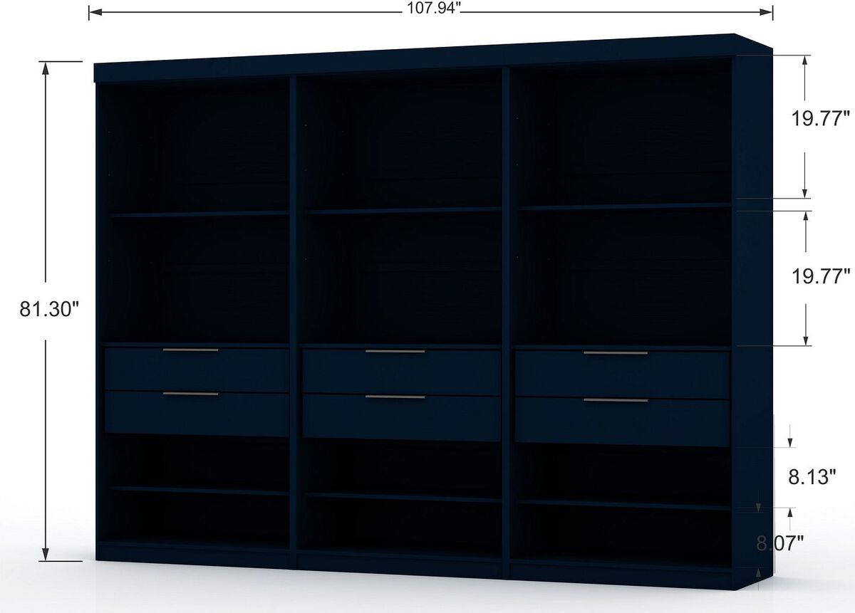 Manhattan Comfort Cabinets & Wardrobes - Mulberry Open 3 Sectional Modem Wardrobe Closet with 6 Drawers - Set of 3 in Tatiana Midnight Blue