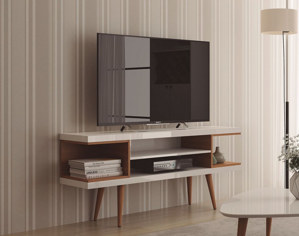 Manhattan Comfort TV & Media Units - Utopia 53.14" TV Stand with Splayed Wooden Legs & 4 Shelves in White Gloss & Maple Cream