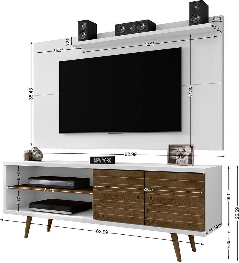 Manhattan Comfort TV & Media Units - Liberty 62.99 Mid-Century Modern TV Stand & Panel with Solid Wood Legs in White & Rustic Brown