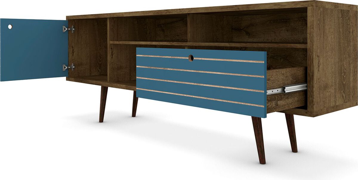 Manhattan Comfort TV & Media Units - Liberty 70.86" Mid-Century - Modern TV St& Rustic Brown & Aqua Blue