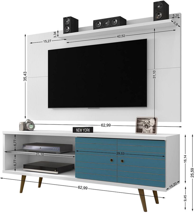 Manhattan Comfort TV & Media Units - Liberty 62.99 Mid-Century Modern TV Stand & Panel with Solid Wood Legs in White & Aqua Blue