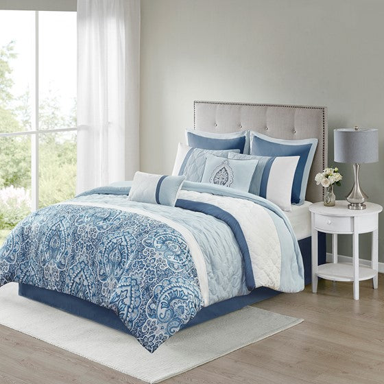 Olliix.com Comforters & Blankets - 8 Piece Comforter Set Blue Queen