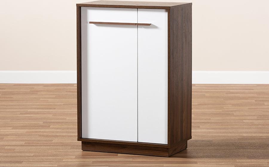 Mette Mid-Century Modern White & Walnut 5-Shelf Wood Entryway Shoe Cabinet