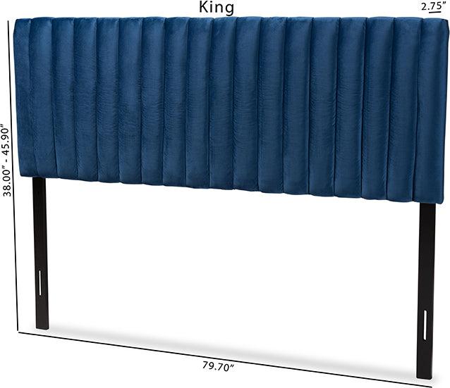 Wholesale Interiors Headboards - Emile Navy Blue Velvet Fabric Upholstered and Dark Brown Finished Wood King Size Headboard