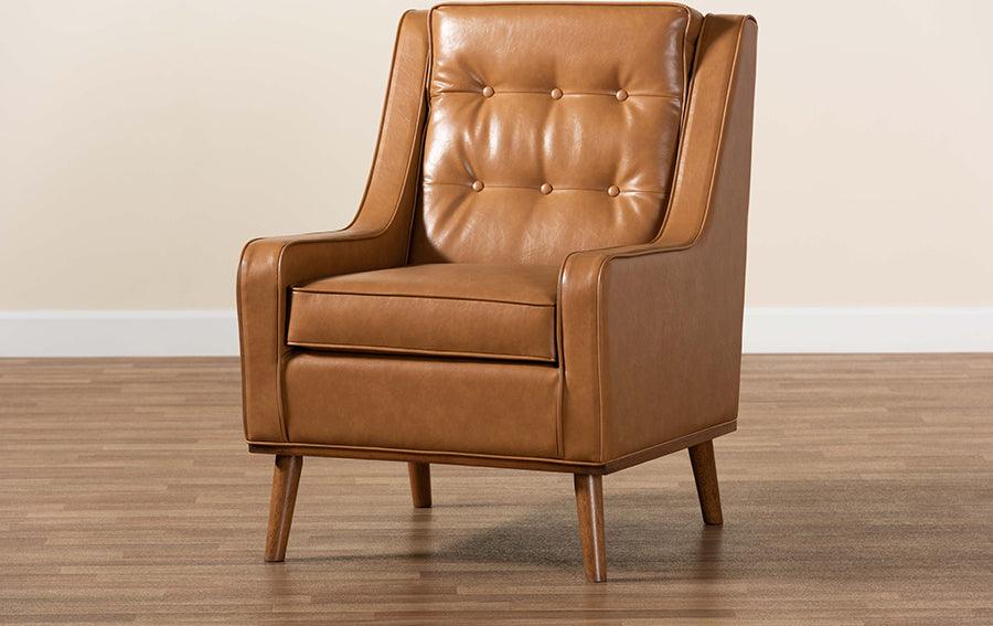 Wholesale Interiors Accent Chairs - Daley Tan Faux Leather Upholstered and Walnut Brown Finished Wood Lounge Armchair